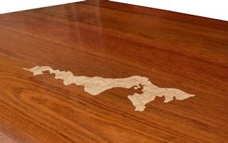 Custom Curly Maple inlay of an island off the east coast set into a Face Grain Jatoba island top.