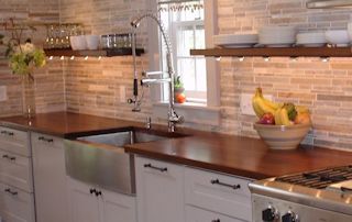 Edge Grain Sipo Mahogany Countertop with farm sink and Waterlox finish