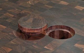 Trash Hole with matching lid.  Shown on End Grain Walnut with Tung/Oil Citrus finish.