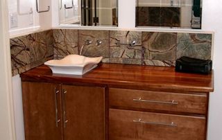 Edge Grain African Mahogany Vanity Top with vessel sink and Waterlox finish