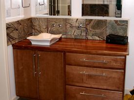 Edge Grain African Mahogany Vanity Top with vessel sink and Waterlox finish