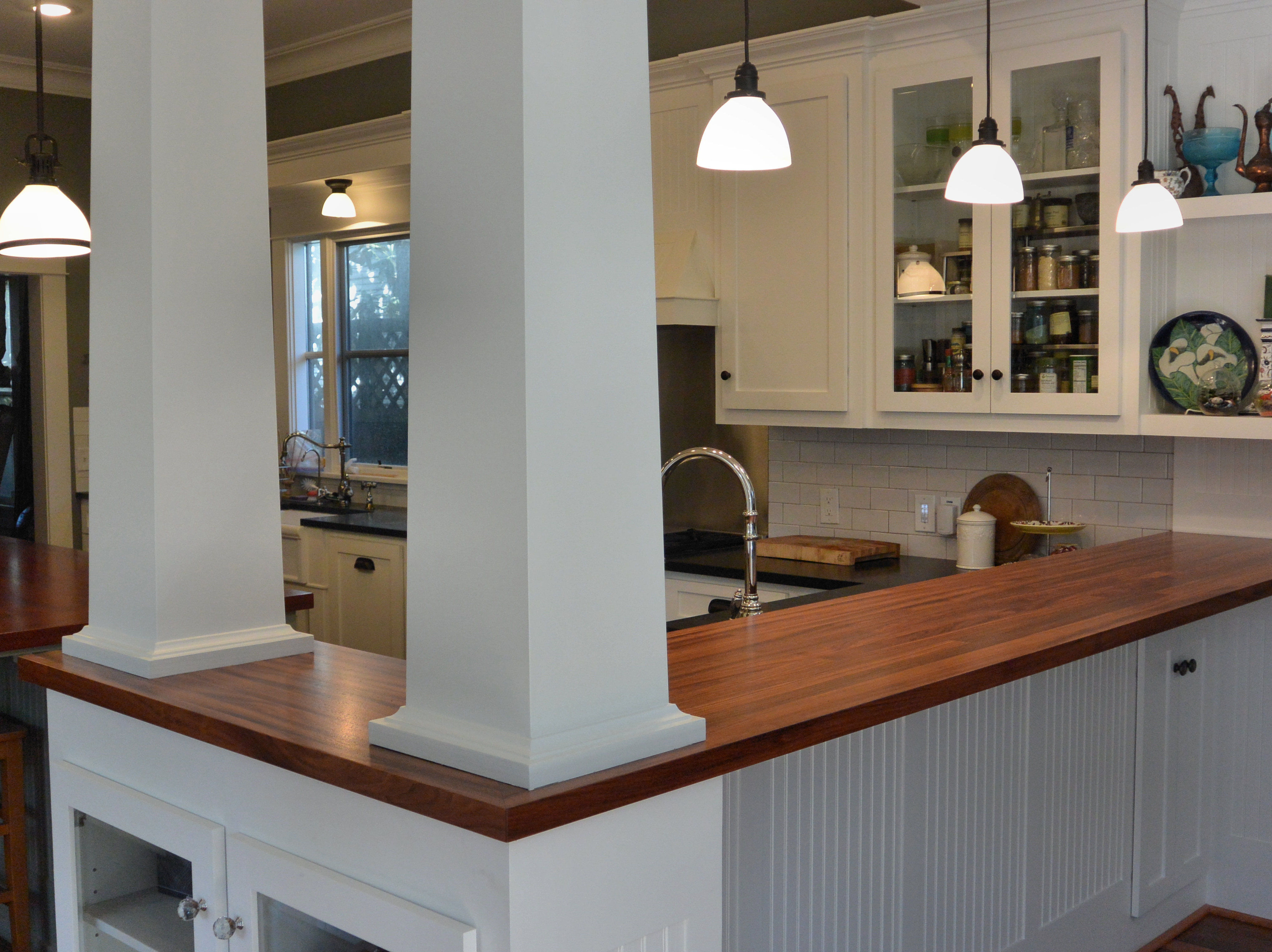 Jatoba edge grain bar top and face grain island top with Waterlox Satin Finish.