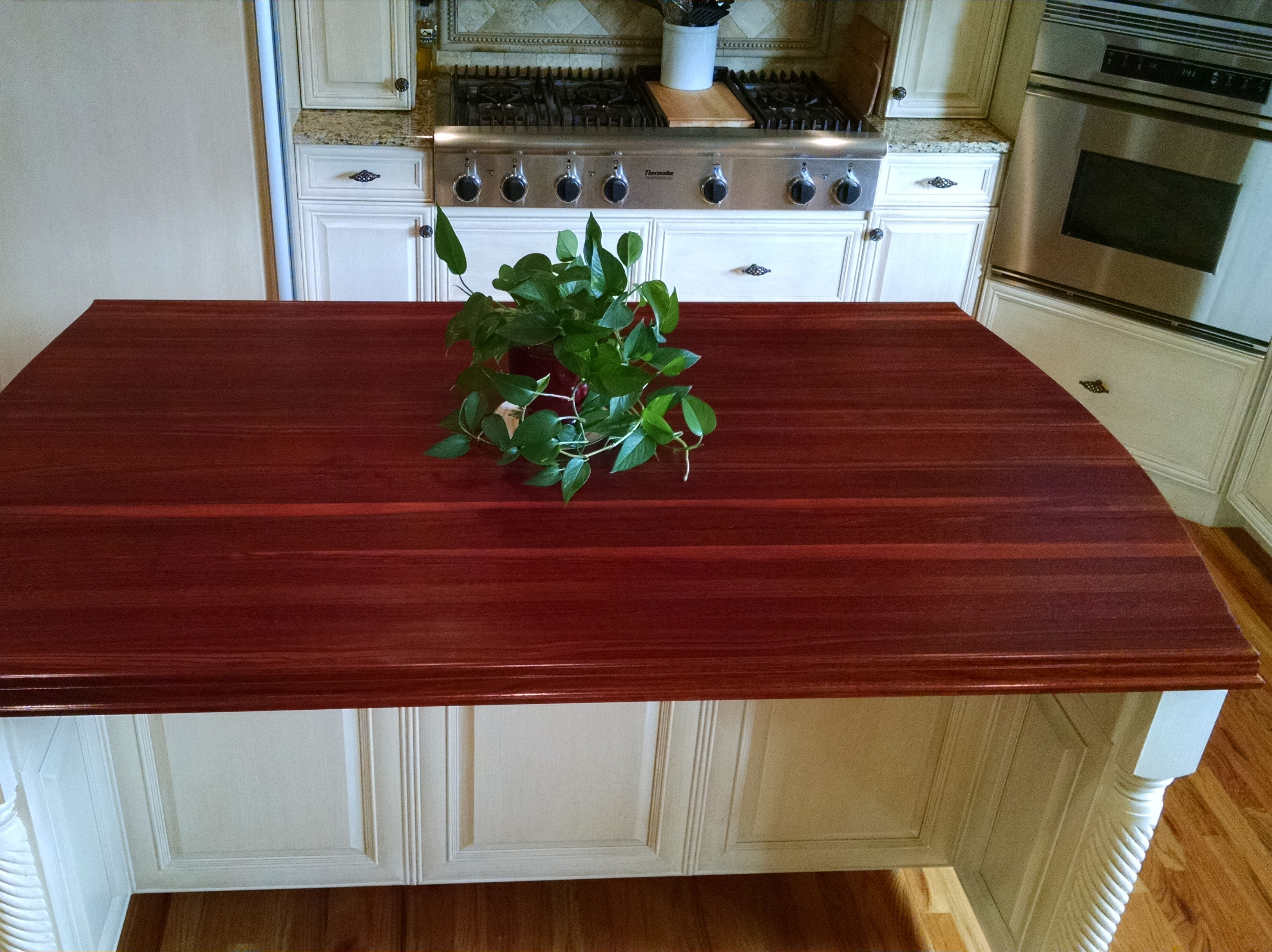 Jatoba edge grain island countertop with Waterlox Satin Finish.