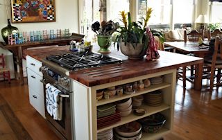 Mesquite Parquet-Style Island Top with Integrated Trivet using Stainless Steel Bars.