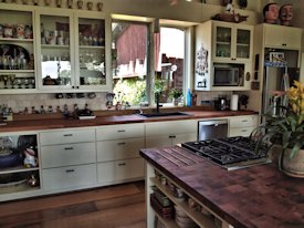 Mesquite parquet-style end grain wood island countertop.