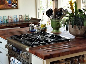 Mesquite parquet-style end grain wood island countertop.