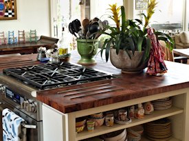 Mesquite parquet-style end grain wood island countertop.