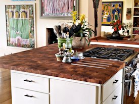 Mesquite parquet-style end grain wood island countertop.