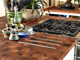 Mesquite parquet-style end grain wood island countertop.