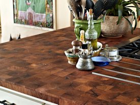 Mesquite parquet-style end grain wood island countertop.