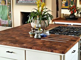 Mesquite parquet-style end grain wood island countertop.