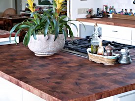 Mesquite parquet-style end grain wood island countertop.