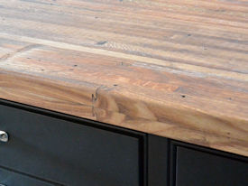 Reclaimed Boxcar Flooring edge grain wood island countertop with Tung-Oil finish.