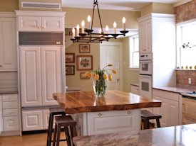 Reclaimed Longleaf Pine face grain custom wood island countertop.