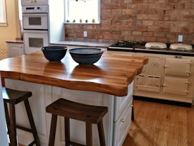 Reclaimed Longleaf Pine face grain custom wood island countertop.