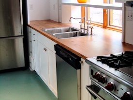 Reclaimed Longleaf Pine face grain custom wood countertop.