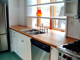 Reclaimed Longleaf Pine face grain custom wood countertop.