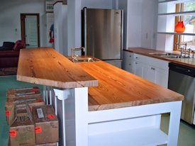 Reclaimed Longleaf Pine face grain custom wood counter top and bar top.