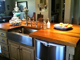 Reclaimed Longleaf Pine face grain custom wood island countertop.