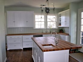 Reclaimed White Oak face grain custom wood island countertop and countertop.