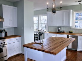 Reclaimed White Oak face grain custom wood island countertop and countertop.