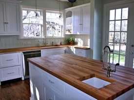 Reclaimed White Oak face grain custom wood island countertop and countertop.