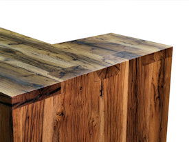 Contemporary Reclaimed White Oak custom wood island with DeVos Puzzle Joint along the length.  Finger Joint ends with Waterfall return to the floor and Tung-Oil finish.