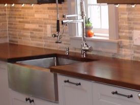 Edge Grain Sipo Mahogany Countertop with farm sink and Waterlox finish