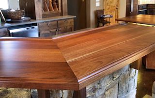 Mitre-Joint on a Texas Walnut Wood Bar Top. Face Grain Construction with Waterlox finish