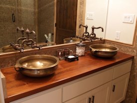 Face Teak Vanity Top with vessel sinks and Waterlox finish