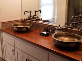 Teak face grain custom wood vanity countertop.
