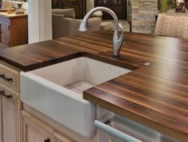 Edge Grain Walnut Island Top with farm sink and Waterlox finish