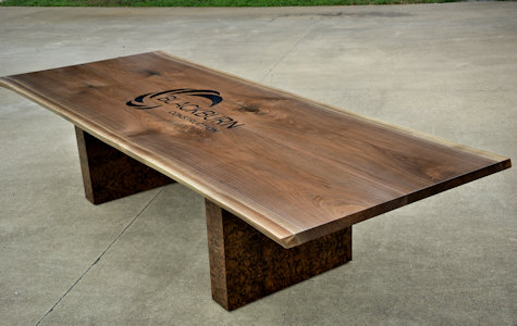 Custom Jatoba vanity table with carved top and slat-style shelf