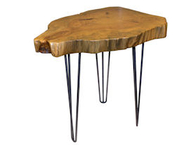 Custom Pecan Button Slab Table with Waterlox Satin Finish and metal base.