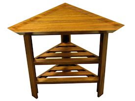 Custom small Jatoba Vanity Table with carved top and slat style shelves.  The middle shelf is adjustable.