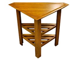 Custom small Jatoba Vanity Table with carved top and slat style shelves.  The middle shelf is adjustable.