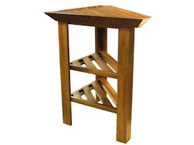 Custom small Jatoba Vanity Table with carved top and slat style shelves.  The middle shelf is adjustable.