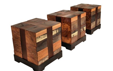 Custom Cube Tables.  Constructed using Reclaimed Longleaf Pine on a flat black metal base with leather straps.