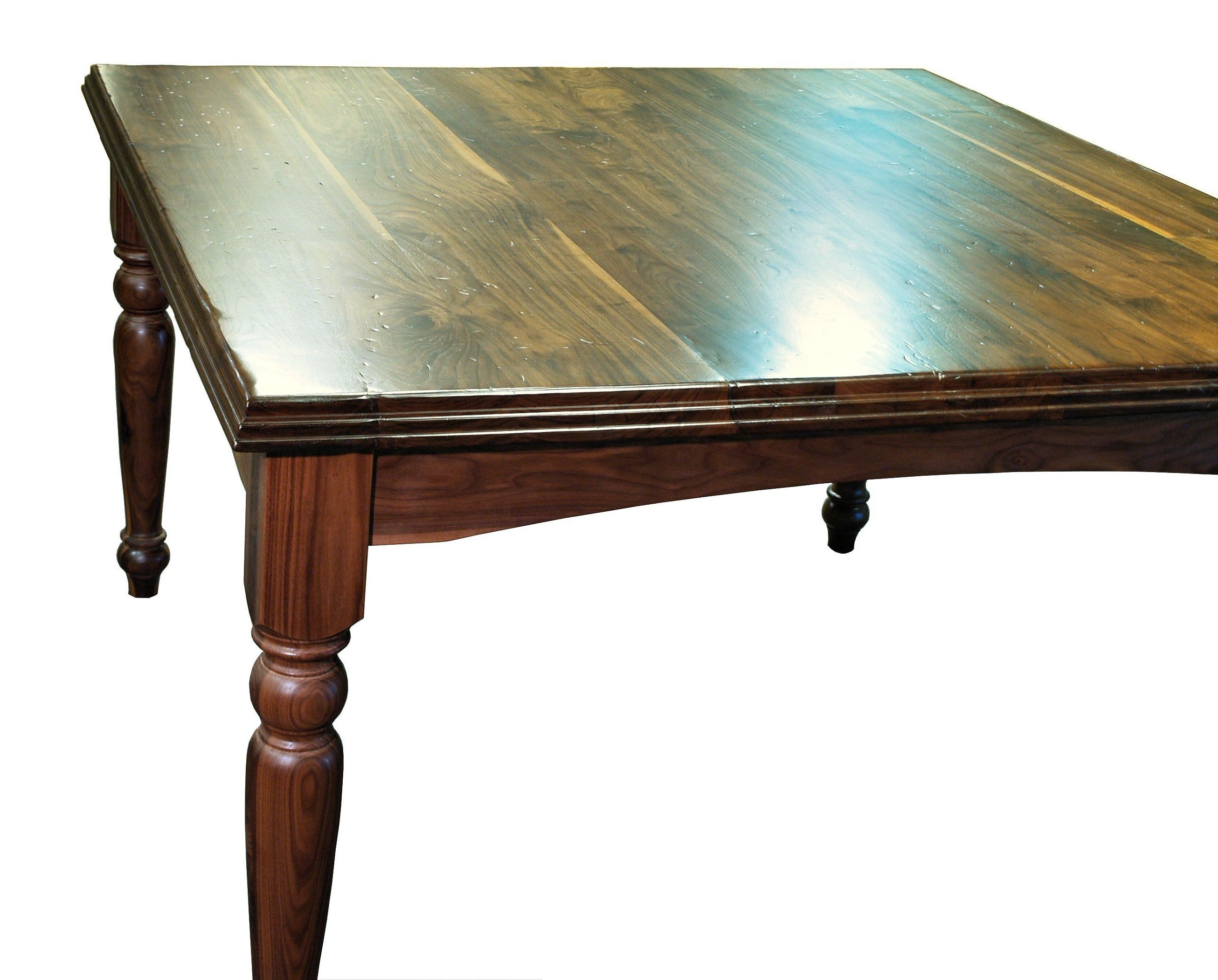 Custom distressed Walnut dining table with custom designed turned legs 