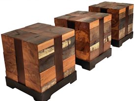 Custom Cube Tables.  Constructed using Reclaimed Longleaf Pine on a flat black metal base with leather straps.