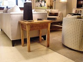 Custom Spalted Pecan rectangular shapped end table with custom designed carved aprons.