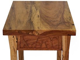 Custom Spalted Pecan rectangular shapped end table with custom designed carved aprons.