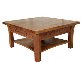 Custom Spalted Pecan square coffee table with custom designed carved aprons and shaped shelf.