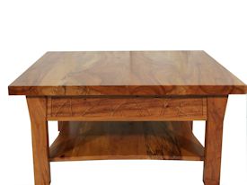 Custom Spalted Pecan square coffee table with custom designed carved aprons and shaped shelf.