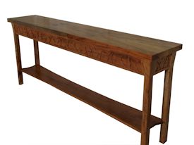 Custom Spalted Pecan sofa table with custom designed carved aprons and shaped shelf.