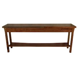 Custom Spalted Pecan sofa table with custom designed carved aprons and shaped shelf.