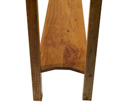 Custom Spalted Pecan sofa table with custom designed carved aprons and shaped shelf.