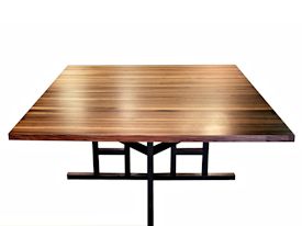 Custom dining table using edge grain walnut top and a custom wenge base with ICA finish. 