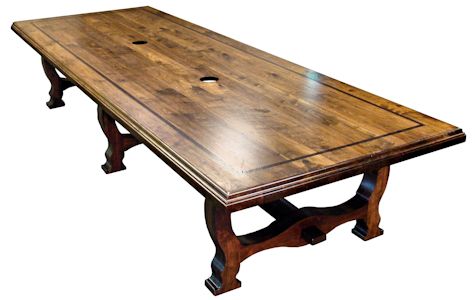 Custom distressed face grain Walnut trestle-style conference table with Wenge accents.
