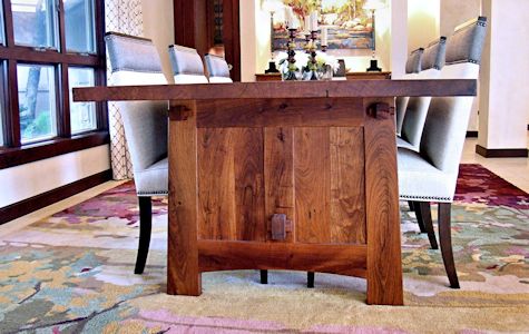 Custom face grain mesquite mission style dining table with through mortise and tenon jointery.